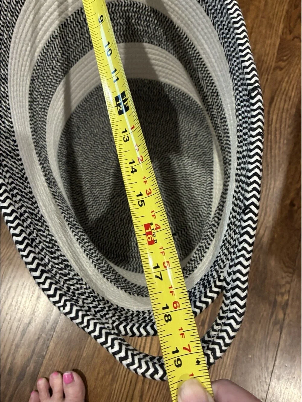 Woven Cotton Rope Storage Basket Black White Chevron Stripe Handle Oval ~18
